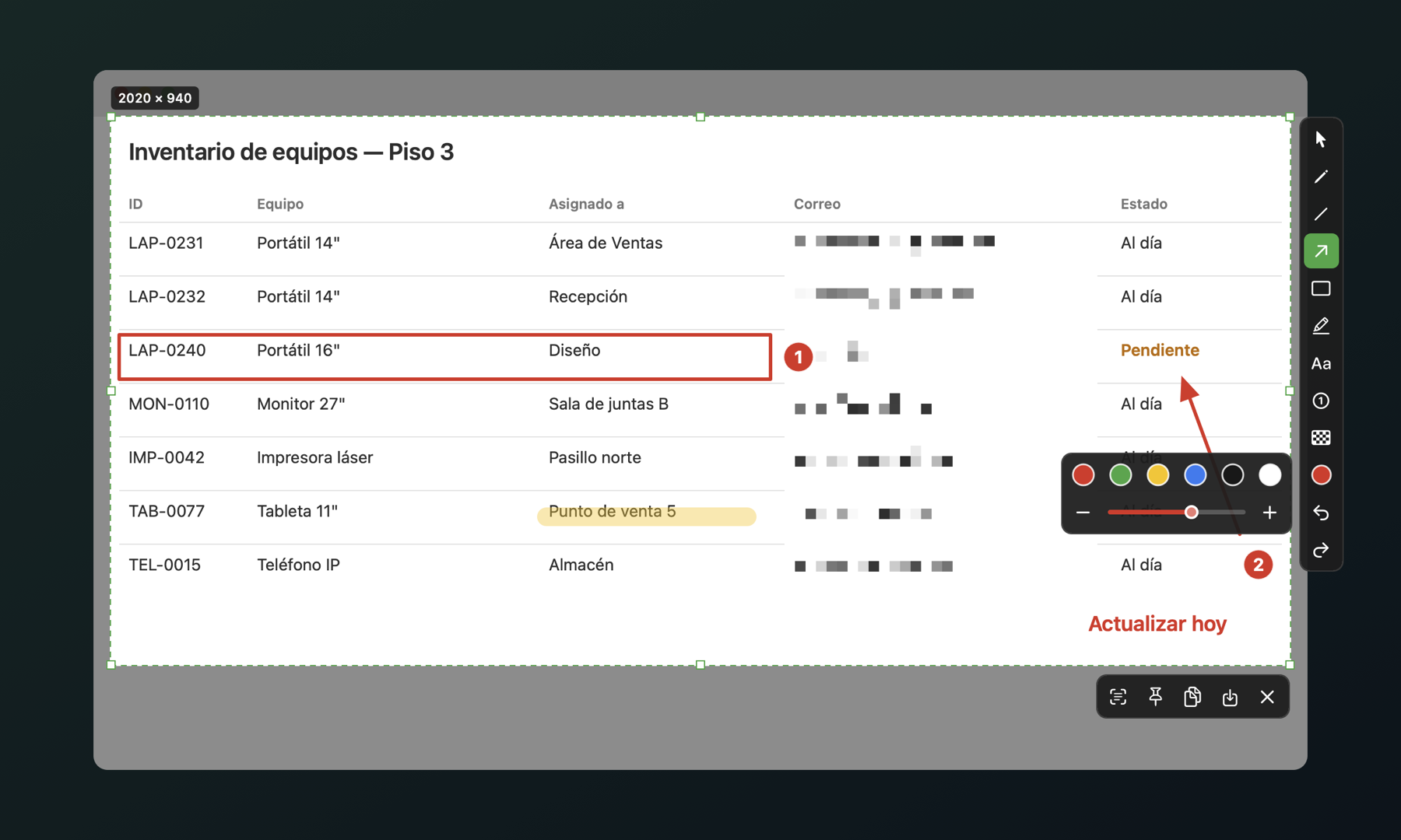 La app en uso con el panel de color y opacidad abierto.