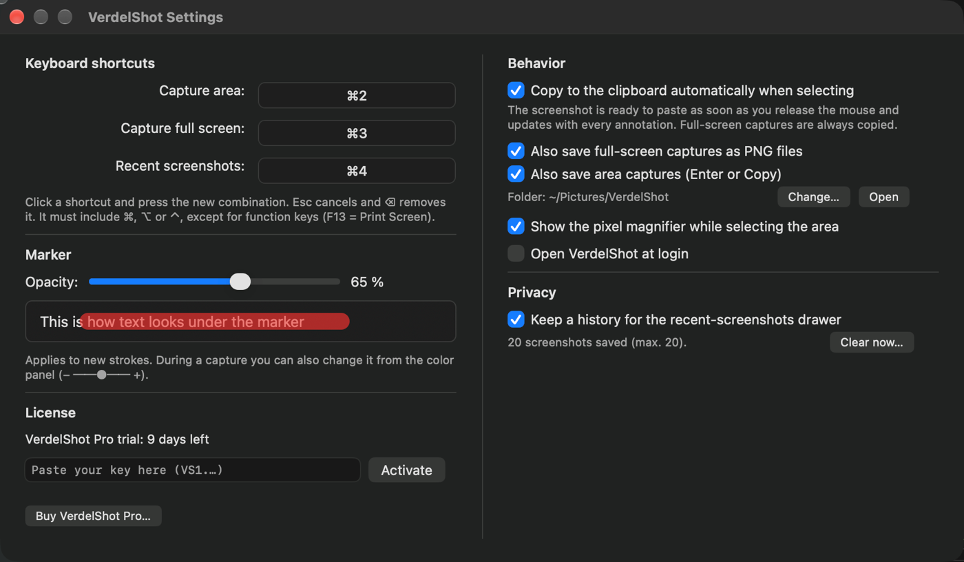 VerdelShot settings window: keyboard shortcuts, marker opacity, license, behavior, and privacy.